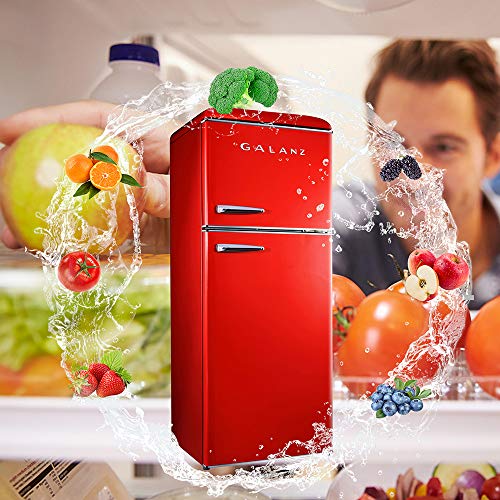 Galanz GLR10TRDEFR True Top Freezer Retro Refrigerator Frost Free, Dual Door Fridge, Adjustable Electrical Thermostat Control, Red, 10 cu ft