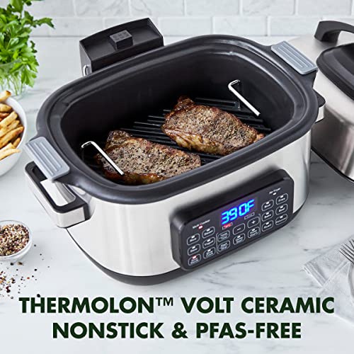 GreenPan Stainless Steel 13-in-1 Air Fryer Slow Cooker & Grill, Presets to Steam Saute Broil Bake and Cook Rice, Healthy Ceramic Nonstick and Dishwasher Safe Parts, Easy-to-use LED Display