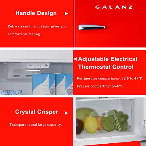 Galanz GLR10TRDEFR True Top Freezer Retro Refrigerator Frost Free, Dual Door Fridge, Adjustable Electrical Thermostat Control, Red, 10 cu ft