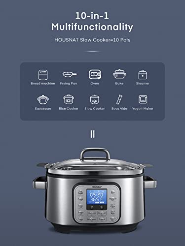 Slow Cooker, HOUSNAT 10 in 1 Programmable Cooker, 6Qt Stainless Steel, Rice Cooker, Yogurt Maker, Delay Start, Steaming Rack and Glass Lid, Adjustable Temp&Time for Slow Cook with Digital Timer