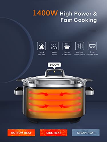 Slow Cooker, HOUSNAT 10 in 1 Programmable Cooker, 6Qt Stainless Steel, Rice Cooker, Yogurt Maker, Delay Start, Steaming Rack and Glass Lid, Adjustable Temp&Time for Slow Cook with Digital Timer