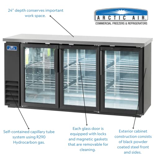 Arctic Air ABB72G 73-Inch Glass 3-Door Commercial Back Bar Refrigerator, 20.7 Cubic Feet and 84 6-Packs Capacity, 115v