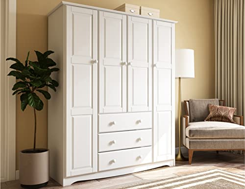 Palace Imports 100% Solid Wood Family Wardrobe/Armoire/Closet, White. 3 Clothing Rods Included. NO Shelves Included. Optional Shelves Sold Separately. 60.25" w x 72" h x 20.75" d
