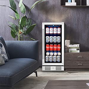 Kalamera 15” Beverage Cooler and Refrigerator Under Counter Built-in or Freestanding - 96 Cans Capacity Mini Fridge- for Soda, Water, Beer or Wine - For Kitchen or Bar with Blue Interior Light