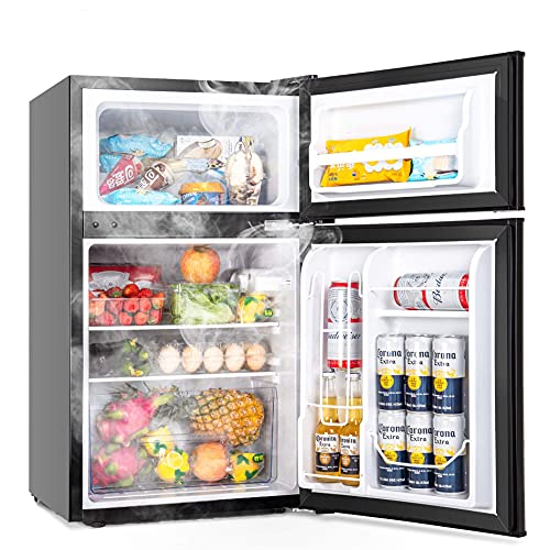 Euhomy Mini Fridge with Freezer, 3.2 Cu.Ft Mini refrigerator with freezer, Dorm fridge with freezer 2 door For Bedroom/Dorm/Apartment/Office - Food Storage or Cooling Drinks(Black).