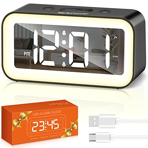 Digital Alarm Clock for Bedrooms, Digital Clock with Night Light 0-100% Adjustable Brightness Mirror LED Sound Activation Power-Off Memory 12/24Hr Snooze USB Port for Kids Bedside Home Office(Black)