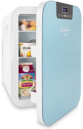Cooluli 20L Mini Fridge For Bedroom - Car, Office Desk & College Dorm Room - Glass Front & Digital Temperature Control - 12v Small Refrigerator for Food, Drinks, Skin Care, Beauty & Breast Milk (Blue)