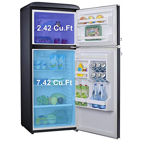 Galanz GLR10TBKEFR True Top Freezer Retro Refrigerator Frost Free, Dual Door Fridge, Adjustable Electrical Thermostat Control, Black, 10.0 Cu Ft