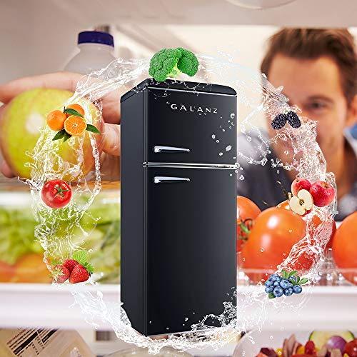Galanz GLR10TBKEFR True Top Freezer Retro Refrigerator Frost Free, Dual Door Fridge, Adjustable Electrical Thermostat Control, Black, 10.0 Cu Ft