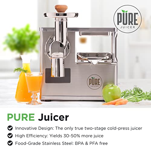 PURE Juicer Two-Stage Juicer - Premium Cold Press Juicing Machine - Solid Stainless Grinder and Hydraulic Press For Fruits, Vegetables, Nuts