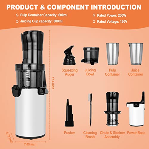 LynTorin Cold Press Juicer Machine, Compact Slow Masticating Juicer with 3.1" Wide Feed Chute, Slow Juicer Extractor for Fruit and Vegetable, Easy Clean Slow Juicer Cold Press for Home Use with Brush & Cups