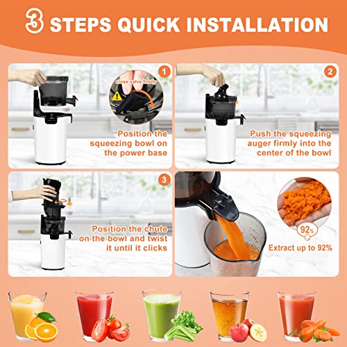 LynTorin Cold Press Juicer Machine, Compact Slow Masticating Juicer with 3.1" Wide Feed Chute, Slow Juicer Extractor for Fruit and Vegetable, Easy Clean Slow Juicer Cold Press for Home Use with Brush & Cups