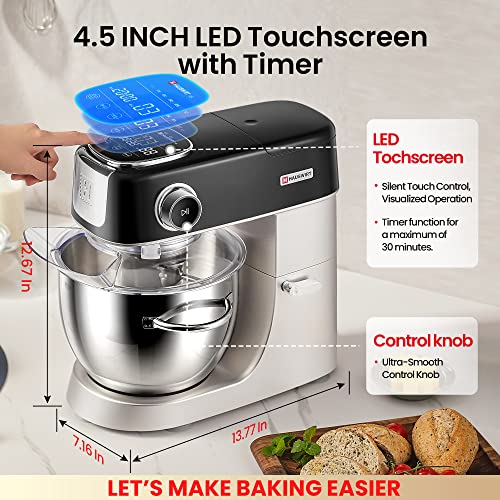 HAUSWRIT Stand Mixer, 11 Speeds, 5.3 Qt, Ultra-quiet DC Motor, Tilt-Head Kitchen Electric Stand Mixer, LED Touch Screen, Food Dough Mixer with Stainless Steel Bowl, Whisk, Dough Hook, Flat Beater, Black