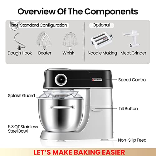 HAUSWRIT Stand Mixer, 11 Speeds, 5.3 Qt, Ultra-quiet DC Motor, Tilt-Head Kitchen Electric Stand Mixer, LED Touch Screen, Food Dough Mixer with Stainless Steel Bowl, Whisk, Dough Hook, Flat Beater, Black