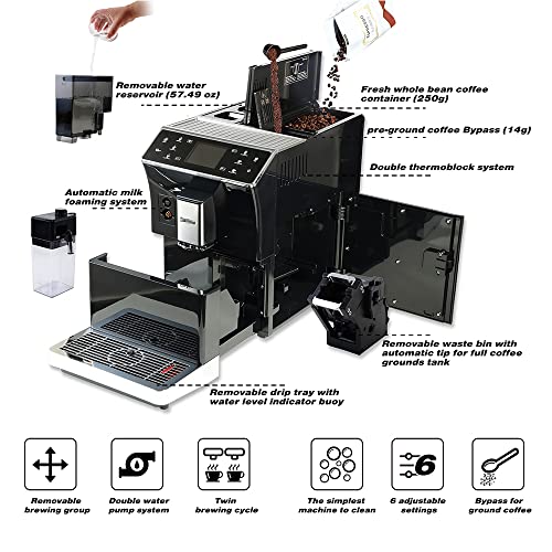ZCBYBT Coffee Machine Fully Automatic Espresso Machine with Milk Tank, 19 Bar High Pressure Pump, 6 Grades Adjustable Bean Grinding System,for Brewing 8 Coffee Drinks