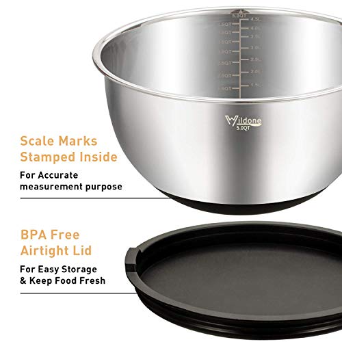 Wildone Mixing Bowls Set of 5, Stainless Steel Nesting Bowls with Airtight Lids, 3 Grater Attachments, Measurement Marks & Non-Slip Bottoms, Size 5, 3, 2, 1.5, 0.63 QT, Great for Mixing & Serving