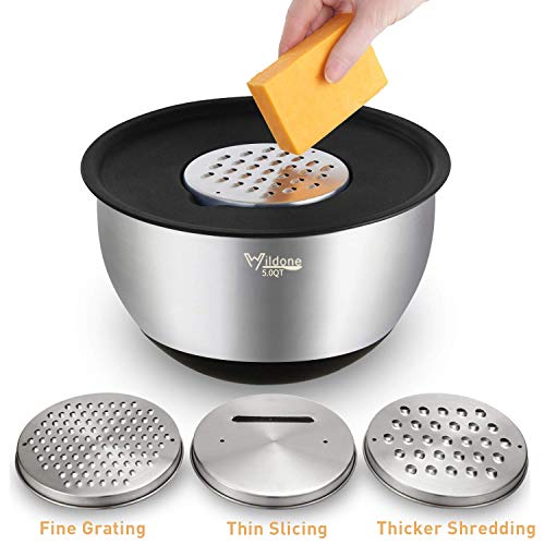 Wildone Mixing Bowls Set of 5, Stainless Steel Nesting Bowls with Airtight Lids, 3 Grater Attachments, Measurement Marks & Non-Slip Bottoms, Size 5, 3, 2, 1.5, 0.63 QT, Great for Mixing & Serving