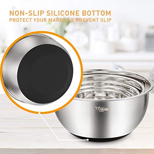 Wildone Mixing Bowls Set of 5, Stainless Steel Nesting Bowls with Airtight Lids, 3 Grater Attachments, Measurement Marks & Non-Slip Bottoms, Size 5, 3, 2, 1.5, 0.63 QT, Great for Mixing & Serving
