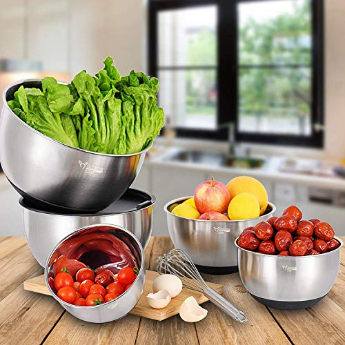 Wildone Mixing Bowls Set of 5, Stainless Steel Nesting Bowls with Airtight Lids, 3 Grater Attachments, Measurement Marks & Non-Slip Bottoms, Size 5, 3, 2, 1.5, 0.63 QT, Great for Mixing & Serving