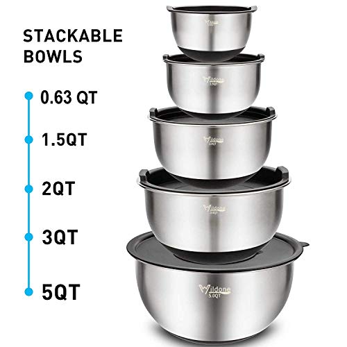 Wildone Mixing Bowls Set of 5, Stainless Steel Nesting Bowls with Airtight Lids, 3 Grater Attachments, Measurement Marks & Non-Slip Bottoms, Size 5, 3, 2, 1.5, 0.63 QT, Great for Mixing & Serving