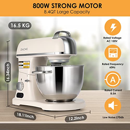 ZACME Commercial Stand Mixer 8.4QT 800W with Aluminum cast body and NSF Certified, Kitchen Electric Mixer Metal Food Mixer with Stainless Steel 8L Bowl, Dough Hook and Beater with Smart Timer Display