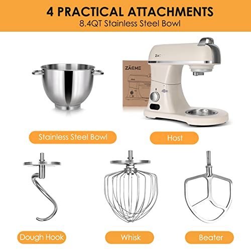 ZACME Commercial Stand Mixer 8.4QT 800W with Aluminum cast body and NSF Certified, Kitchen Electric Mixer Metal Food Mixer with Stainless Steel 8L Bowl, Dough Hook and Beater with Smart Timer Display