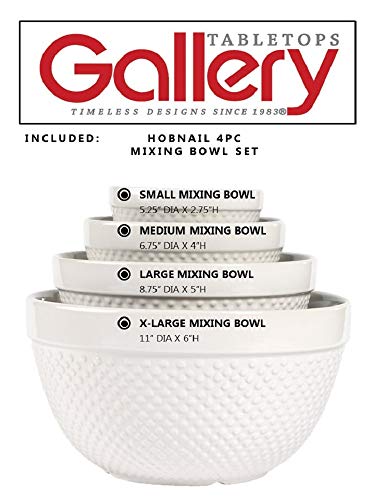 Tabletops Gallery Hobnail Style 4 Piece Classic White Stoneware Nesting Mixing Bowl Set for Baking and Cooking