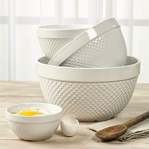 Tabletops Gallery Hobnail Style 4 Piece Classic White Stoneware Nesting Mixing Bowl Set for Baking and Cooking