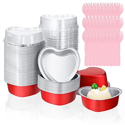 100 Set Heart Shaped Cake Pans with Lids 3.4 oz Mini Heart Cupcake Pans Disposable Heart Muffin Tin Aluminum Heart Foil Pan Baking Cups with Plastic Cake Scoops for Wedding Mother's Day Valentine