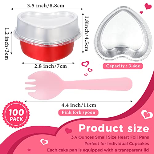 100 Set Heart Shaped Cake Pans with Lids 3.4 oz Mini Heart Cupcake Pans Disposable Heart Muffin Tin Aluminum Heart Foil Pan Baking Cups with Plastic Cake Scoops for Wedding Mother's Day Valentine