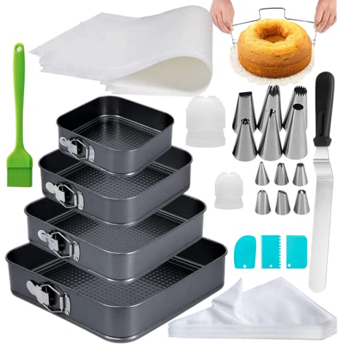 Cake Square Pan Sets for Baking + Cake Decorating Supplies: 4 Non-Stick Springform Pans Set (8.5,9.5, 10, 11 inches), Icing Tips, Cake Leveler – Multi-functional Leak-Proof CheeseCake Pan & eBook