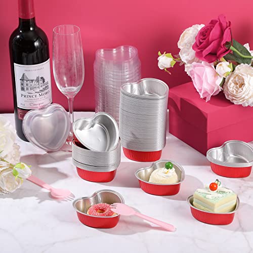 100 Set Heart Shaped Cake Pans with Lids 3.4 oz Mini Heart Cupcake Pans Disposable Heart Muffin Tin Aluminum Heart Foil Pan Baking Cups with Plastic Cake Scoops for Wedding Mother's Day Valentine