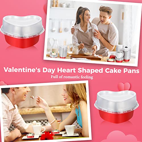 100 Set Heart Shaped Cake Pans with Lids 3.4 oz Mini Heart Cupcake Pans Disposable Heart Muffin Tin Aluminum Heart Foil Pan Baking Cups with Plastic Cake Scoops for Wedding Mother's Day Valentine