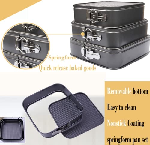 Cake Square Pan Sets for Baking + Cake Decorating Supplies: 4 Non-Stick Springform Pans Set (8.5,9.5, 10, 11 inches), Icing Tips, Cake Leveler – Multi-functional Leak-Proof CheeseCake Pan & eBook