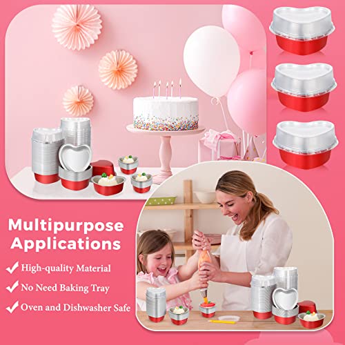100 Set Heart Shaped Cake Pans with Lids 3.4 oz Mini Heart Cupcake Pans Disposable Heart Muffin Tin Aluminum Heart Foil Pan Baking Cups with Plastic Cake Scoops for Wedding Mother's Day Valentine