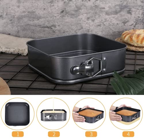 Cake Square Pan Sets for Baking + Cake Decorating Supplies: 4 Non-Stick Springform Pans Set (8.5,9.5, 10, 11 inches), Icing Tips, Cake Leveler – Multi-functional Leak-Proof CheeseCake Pan & eBook