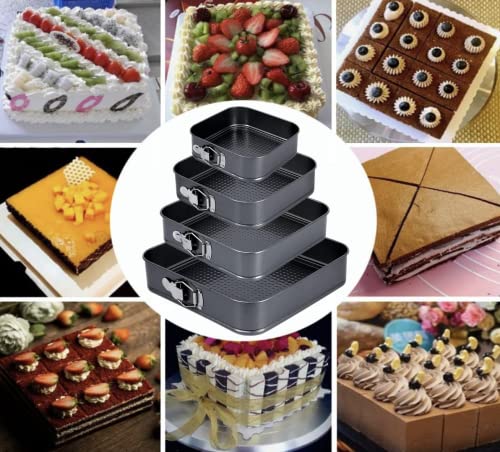 Cake Square Pan Sets for Baking + Cake Decorating Supplies: 4 Non-Stick Springform Pans Set (8.5,9.5, 10, 11 inches), Icing Tips, Cake Leveler – Multi-functional Leak-Proof CheeseCake Pan & eBook