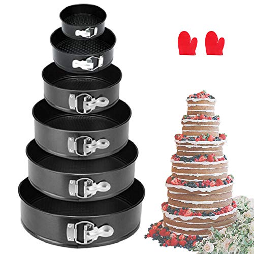 GiftParty Cake Pan Set of 6, Non-stick Cheesecake Pan, Leakproof Round Cake Pan,Removable Bottom Quick Release Latch mould for birthday cake,7"/8"/8.5"/9.5"/10"/11",with 2 PCS Silicone Baking Gloves
