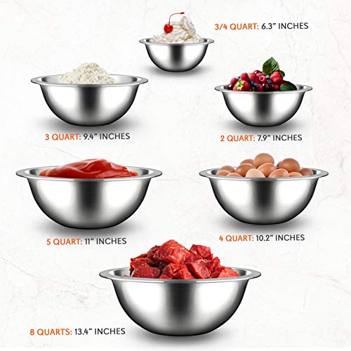 NutriChef Stainless Steel Kitchen Mixing Bowls - 6 Piece Premium Space Saving Nesting Bowls Pour Perfect High-Grade Metal Serving Bowls Set - Food Prep/Serving/Marinating/Mixing
