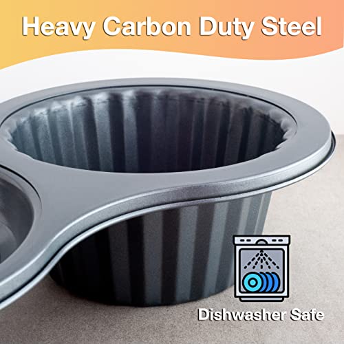 RUAFOX Giant Cupcake Pan- Carbon Steel Baking Mold Perfect 2-sided Jumbo 3D Cup Cake Tin - Complete with Premium 8" Icing Spatula