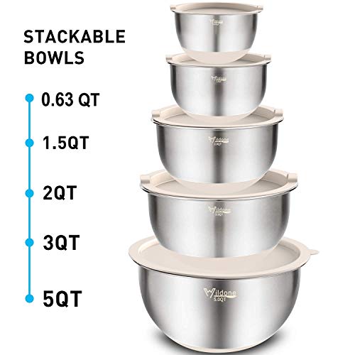 Wildone Mixing Bowls Set of 5, Stainless Steel Nesting Bowls with Khaki Lids, 3 Grater Attachments, Measurement Marks & Non-Slip Bottoms, Size 5, 3, 2, 1.5, 0.63 QT, Great for Mixing & Serving