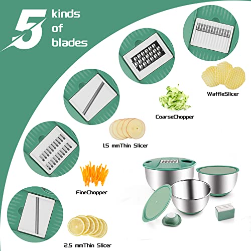 Stainless Mixing Bowls with Slicer, Set of 3 Steel Bowls with 5 different Vegetable Slicer, Julienne and Grater, Serving Bowls with Lids for Slicing,Mixing,Cooking,Baking & Food Storage (Green)