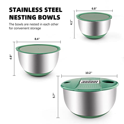 Stainless Mixing Bowls with Slicer, Set of 3 Steel Bowls with 5 different Vegetable Slicer, Julienne and Grater, Serving Bowls with Lids for Slicing,Mixing,Cooking,Baking & Food Storage (Green)