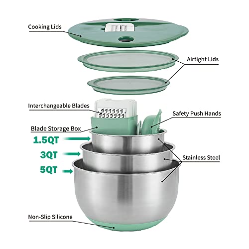 Stainless Mixing Bowls with Slicer, Set of 3 Steel Bowls with 5 different Vegetable Slicer, Julienne and Grater, Serving Bowls with Lids for Slicing,Mixing,Cooking,Baking & Food Storage (Green)