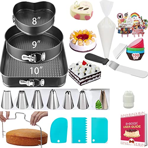 Springform cake pan 8"Heart-shaped & 9"Round &10"Square pan (3 Shaped of Pans)Sets for Baking,Cake Decorating Supplies,Icing Tips, Piping Bag Couplers