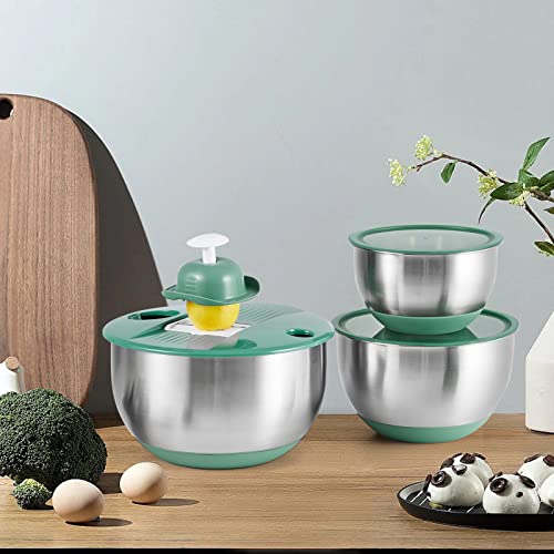 Stainless Mixing Bowls with Slicer, Set of 3 Steel Bowls with 5 different Vegetable Slicer, Julienne and Grater, Serving Bowls with Lids for Slicing,Mixing,Cooking,Baking & Food Storage (Green)