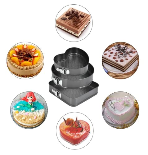 Springform cake pan 8"Heart-shaped & 9"Round &10"Square pan (3 Shaped of Pans)Sets for Baking,Cake Decorating Supplies,Icing Tips, Piping Bag Couplers