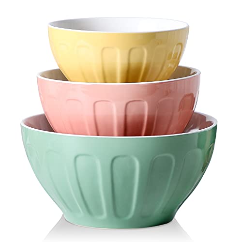 Lareina Ceramic Mixing Bowls for Kitchen, 3-Piece Large Colorful Serving Bowls, 3.13/1.68/1.18 Qt Deep Microwaveable Nesting Bowl, Stackable and Functional, Ideal Gift