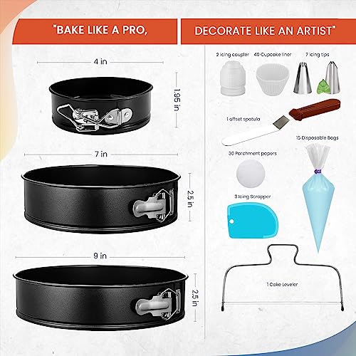 RFAQK 100pcs Cake Pan Set for Baking + Cake Decorating Supplies: 3 Round Non Stick Springform Pan Set (4, 7, 9 inches), Icing Tips, Cake Leveler – Multi-functional Leak-Proof Cheese Cake Pans & eBook