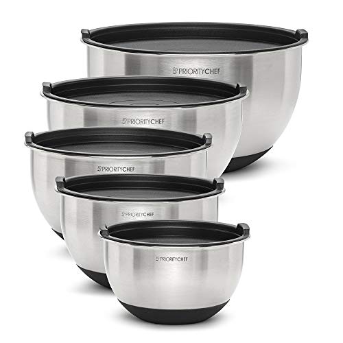 Priority Chef Premium Mixing Bowls With Lids Set, Thicker Stainless Steel Mixing Bowl Set, Large Prep Metal Bowls with Lids, Nesting Bowls for Kitchen, 1.5/2/3/4/5 Qrt, Black